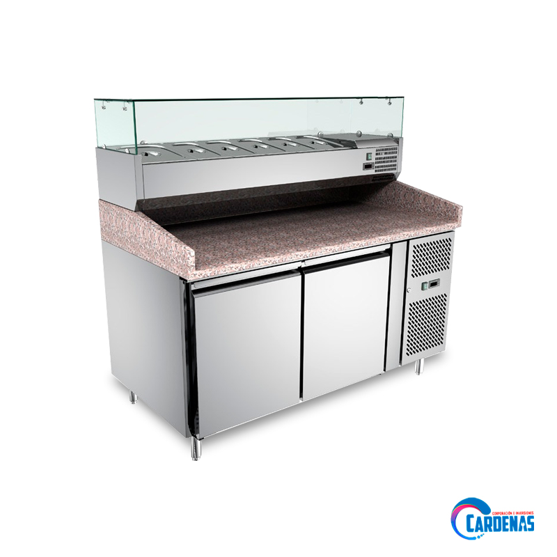 MESA PIZZERA REFRIGERADA DE DOS PUERTAS CON EXHIBIDOR SUPERIOR Y TABLERO DE GRANITO KING COMPANY MOD PZ2600TN