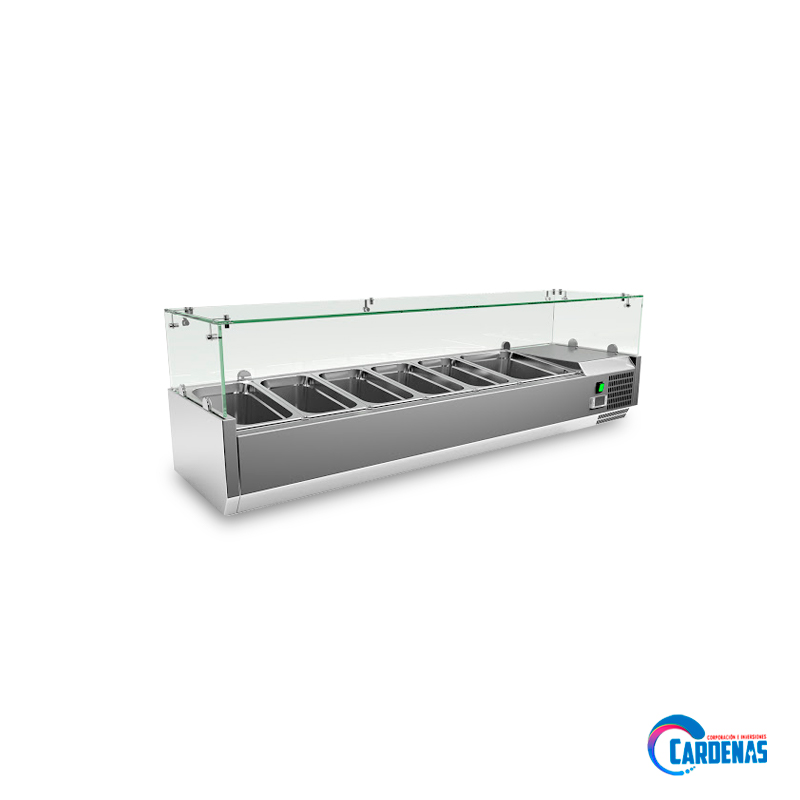 TOVOLA REFRIGERADA DE MESA CON VIDRIO RECTO DE 6 CONDIMENTEROS KING COMPANY MOD VRX1500