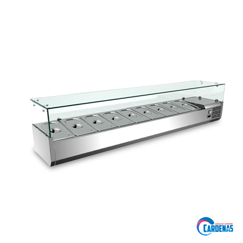 TOVOLA REFRIGERADA DE MESA CON VIDRIO RECTO CON 9 CONDIMENTEROS KING COMPANY MOD VRX2000