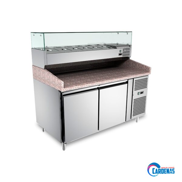 MESA PIZZERA REFRIGERADA DE DOS PUERTAS CON EXHIBIDOR SUPERIOR Y TABLERO DE GRANITO KING COMPANY MOD PZ2600TN