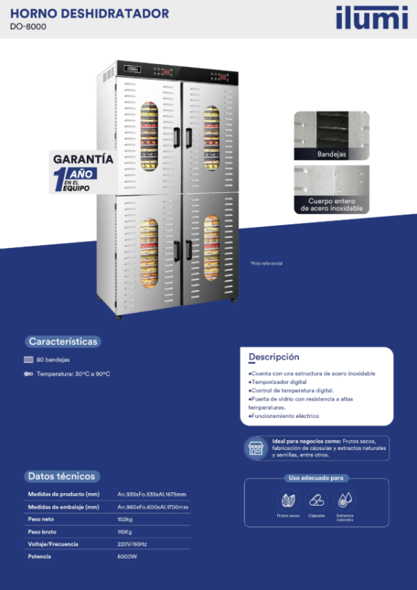 DESHIDRATADOR DE ALIMENTOS ILUMI 80 BANDEJAS MOD DO-8000 - Imagen 2