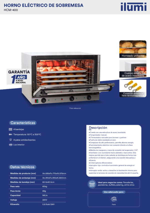 HORNO CONVECTOR ELECTRICO ILUMI DE SOBREMESA MOD HCM-400 - Imagen 3
