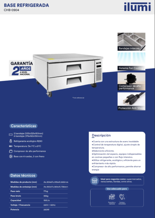 BASE CHEF REFRIGERADA CON 2 CAJONES ILUMI 150 LTS MOD: CHB-0904 - Imagen 3