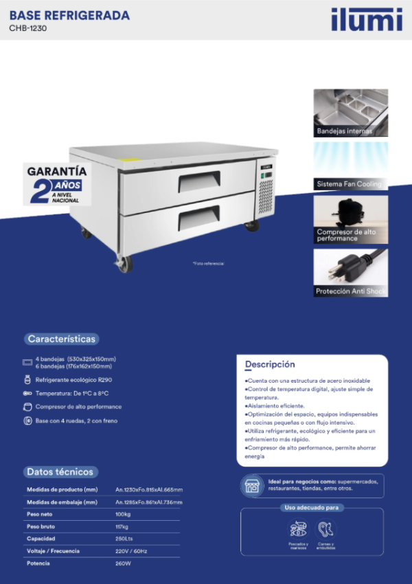 BASE CHEF REFRIGERADA CON 2 CAJONES ILUMI 250 LTS MOD: CHB-1230 - Imagen 2