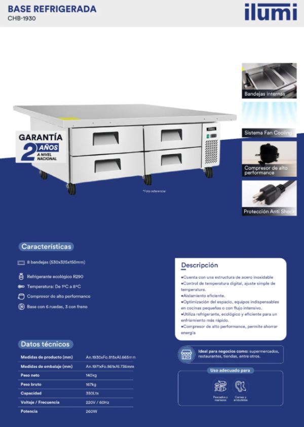 BASE CHEF REFRIGERADA CON 4 CAJONES ILUMI 350 LTS MOD: CHB-1930 - Imagen 3