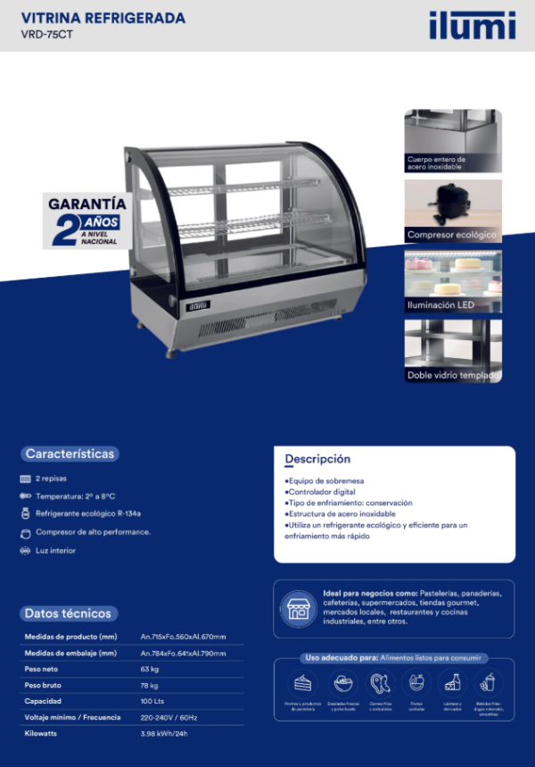 VITRINA REFRIGERADA DE MESA ILUMI DE 100 LTS MOD VRD-75CT - Imagen 4