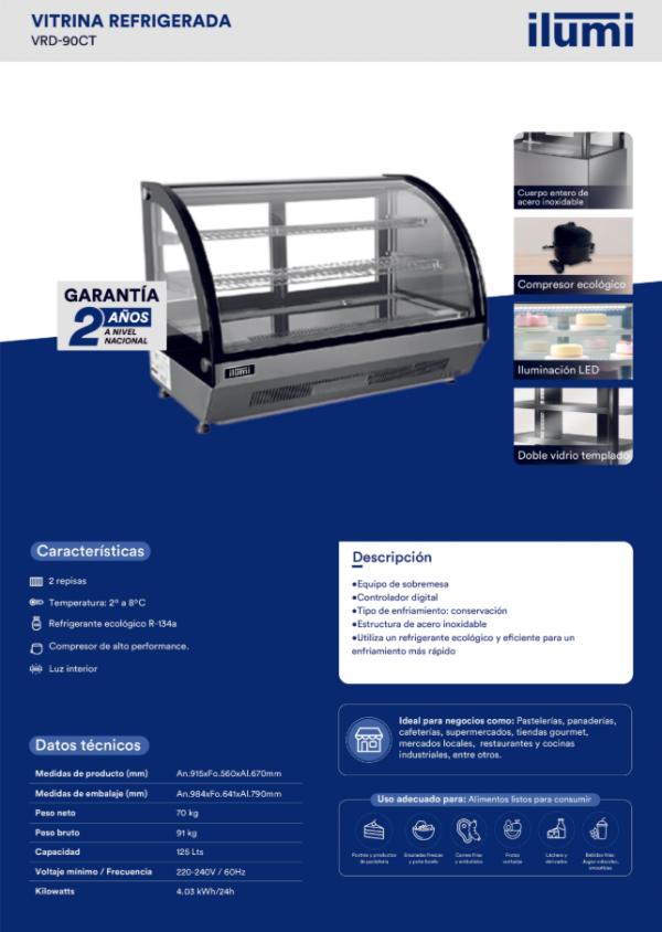 VITRINA REFRIGERADA DE MESA ILUMI DE 125 LTS MOD VRD-90CT - Imagen 4