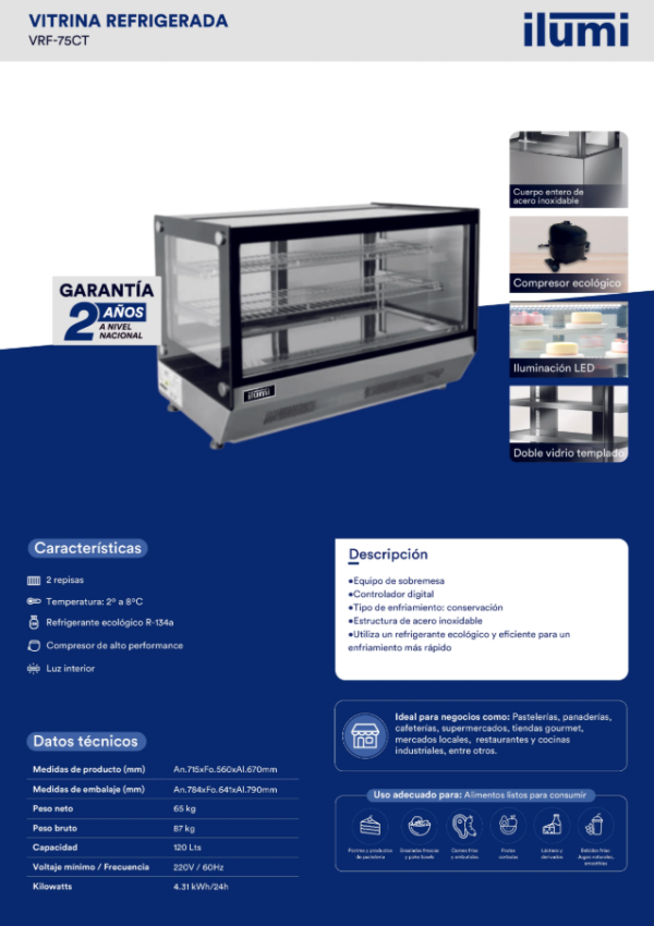 VITRINA REFRIGERADA DE MESA ILUMI DE 120 LTS MOD VRF-75CT - Imagen 4