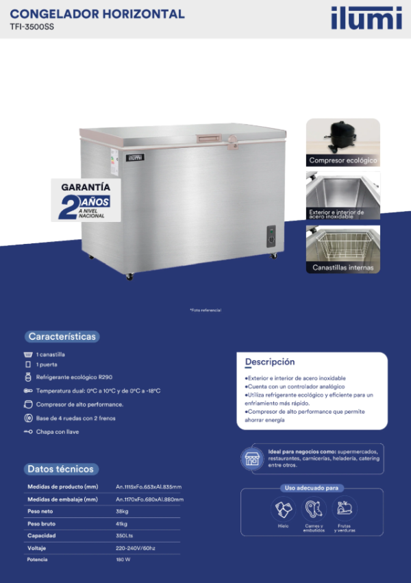 CONGELADORA TOTAL ACERO INOX ILUMI 350 LITROS MOD: TFI-3500SS - Imagen 3