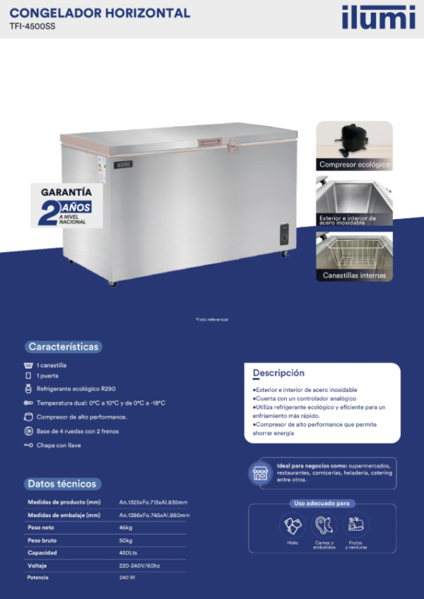 CONGELADORA TOTAL ACERO INOX ILUMI 450 LITROS MOD: TFI-4500SS - Imagen 3